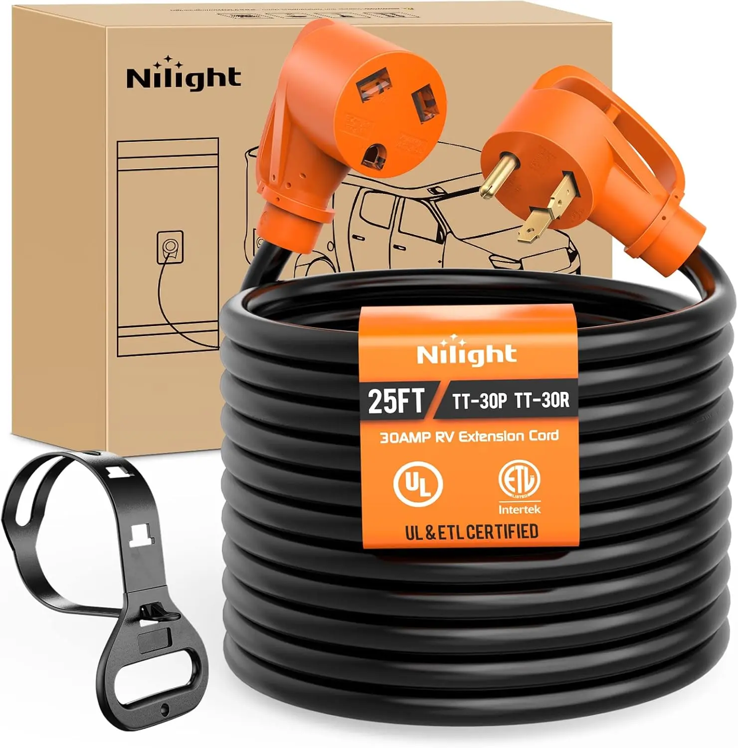 30A 25FT RV Extension Cord - 125V 3750W Heavy-Duty 10-Gauge Pure Copper STW Wire, UL ETL Listed 3-Prong TT-30P TT-30R, Weatherproof Flexible Outdoor Cable, Garage & Camper Use, Generator Compatible, Convenient Handle Design, Cable Organizer Friendly, Wate