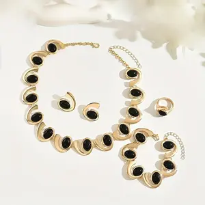 Elegant 4pcs/Set Silvery Geometric Oval Black Acrylic Inlay Necklace Earrings Bracelet Ring Bohemian Jewelry Set with Spiral Stitched Beads