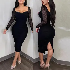 Women’s Summer Black Long-Sleeve Lace Sexy Tight-Strap Midi Dress – Casual Women’s Clothing