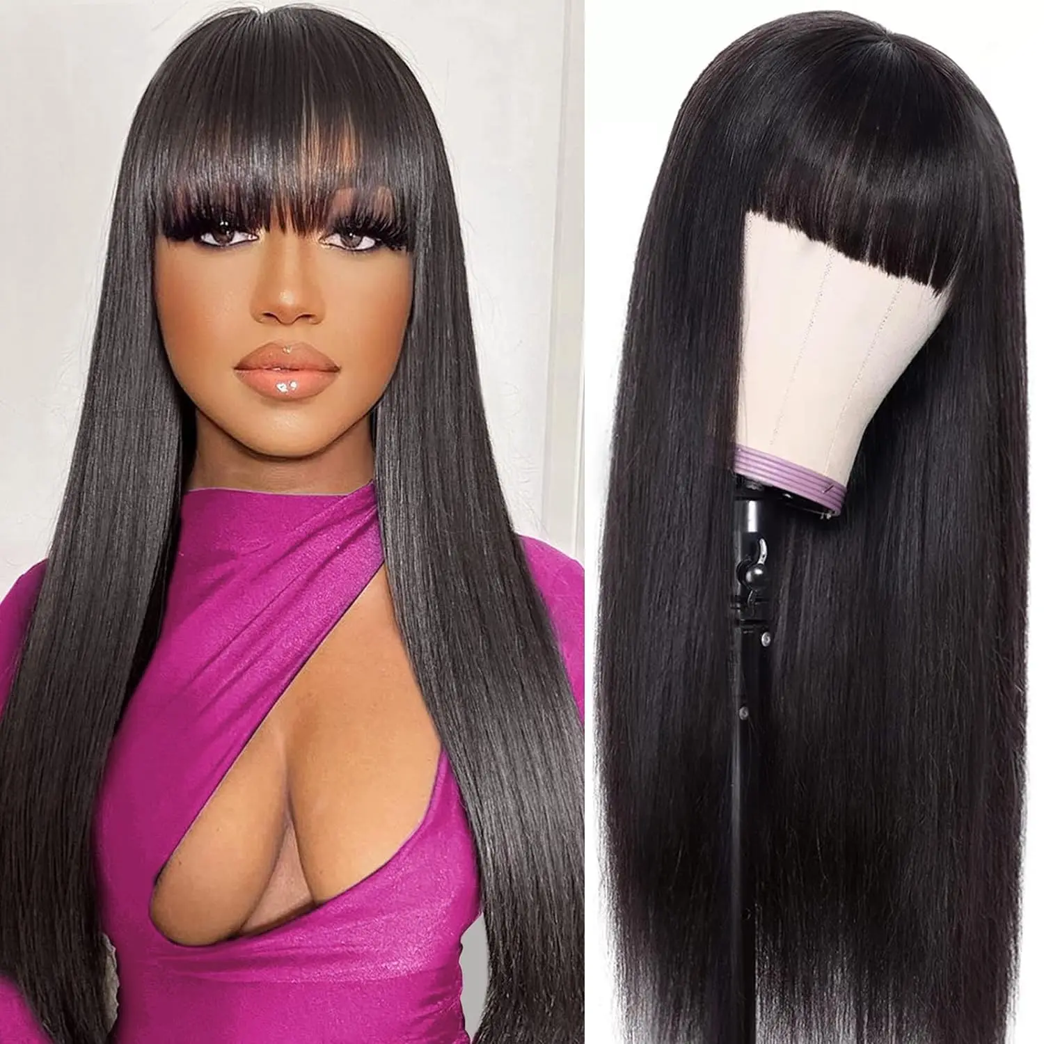 Straight Glueless Wig With Bangs For Women Full Machine Made Wig Wear And Go No Lace Wig Brazilian Remy Human Hair Wig Medium Cap Size Easy To Install