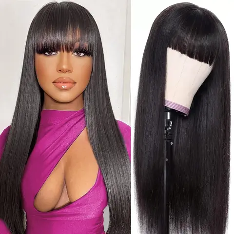 LADIARYF Women's Silky Straight Glueless Ready-to-Wear Wig with Bangs - Unprocessed Virgin Brazilian Remy Human Hair, Full Machine-Made No-Lace Medium Cap, Easy-Install, Smooth, Breathable, Shiny, Dyeable, Permable, Ideal for Weddings