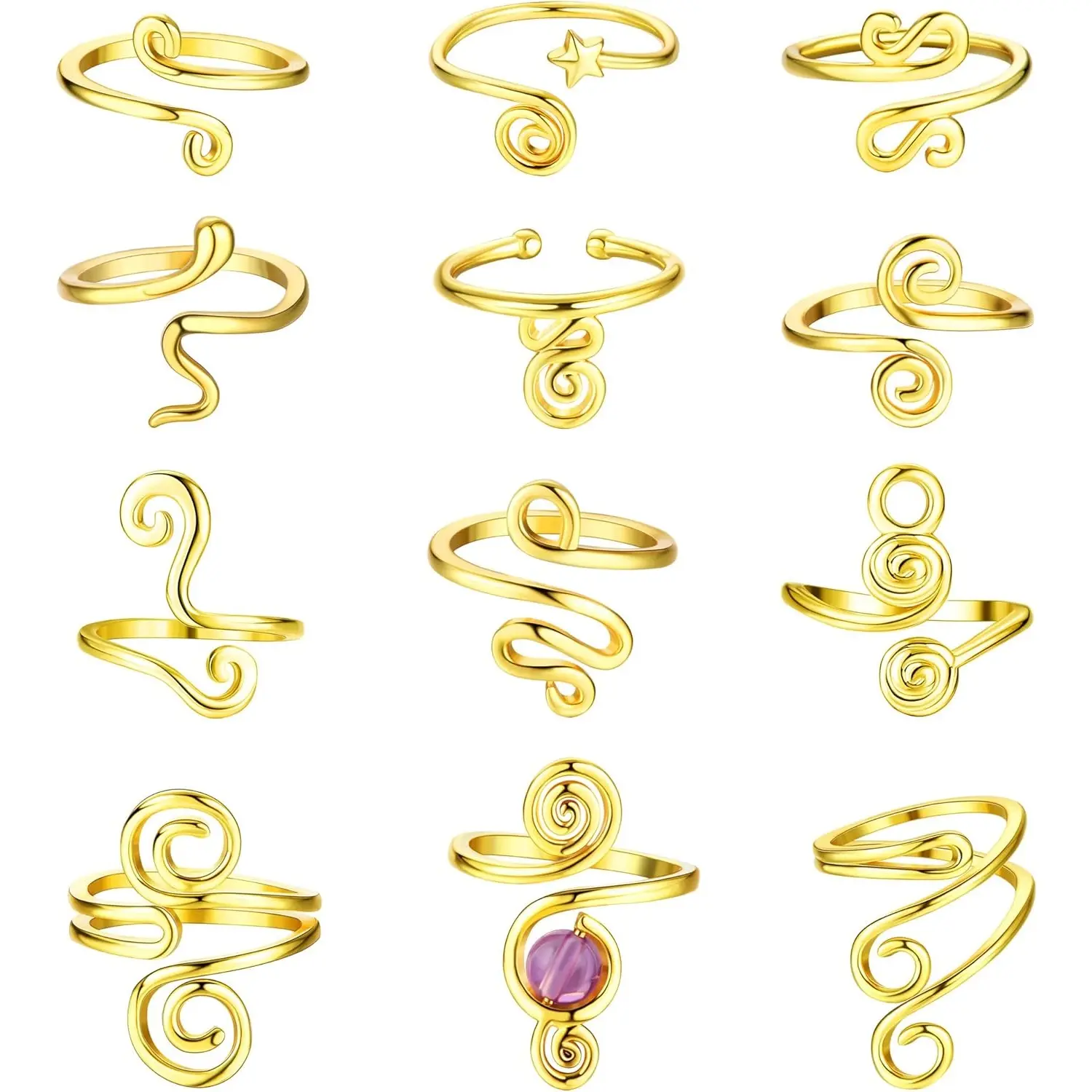 Milacolato 12-Piece Gold-Plated Stackable Toe Rings for Women, High Polish Hypoallergic Jewelry Set with Adjustable Open Shape, Stackable Rings