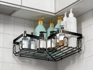 Black adhesive corner shower caddy, drill-free wall-mounted shelf for bathroom storage. Space-saving design, ideal for apartments and RV use.