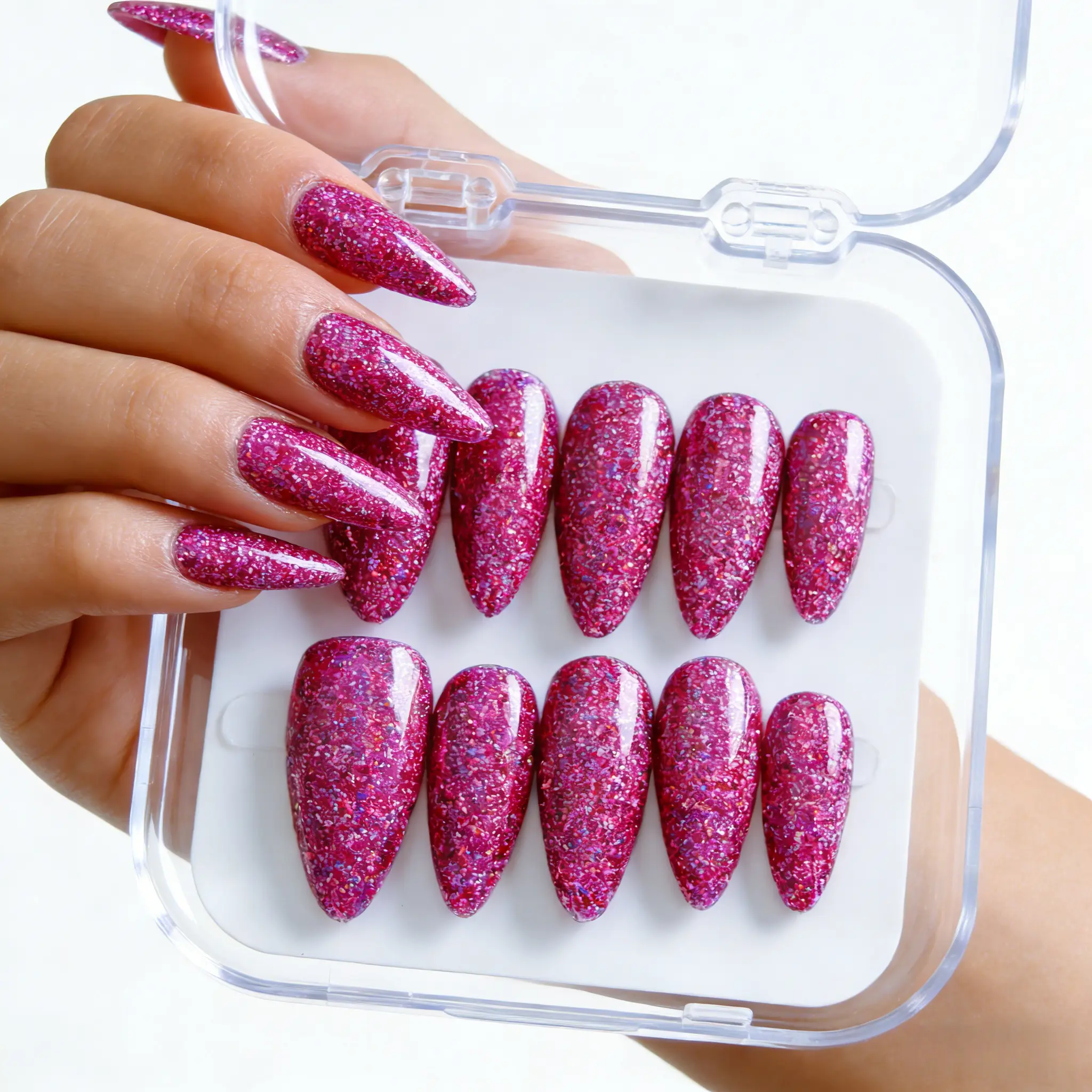 Vosplends Hot Pink Glitter Y2K Press-On Nails 10pcs - Handmade Acrylic  Almond Nails Shine for Date Night #   PartyNailVibes #   Y2KFineGlitterNails #   10pcsAcrylicSet #    Handmade False Nails #   ValentineNailspress on. nail