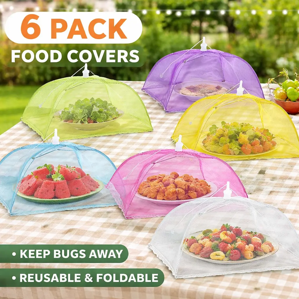 6pcs Reusable Colorful Dome-Shaped Mesh Food Covers Kit - 17in x 17in x 8in Pop-Up Ultra Durable, Home and Kitchen Cooking Accessories for Backyard BBQ, Potluck