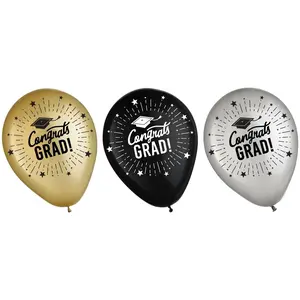 Class 101 - Congrats Grad Printed Latex Balloons for Graduation Party, Black/Gold/Silver, 12-in, 15-pk