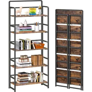4NM No-Assembly 5 Tiers Folding Bookshelf Storage Shelves Vintage Bookcase Standing Racks Study Organizer Home Office (Rustic Brown Black)