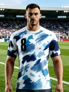 Blue Short Sleeve Soccer Jersey, Abstract Brush Design, Number 8, Ideal for Sports and Team Activities, Casual Fitted Style