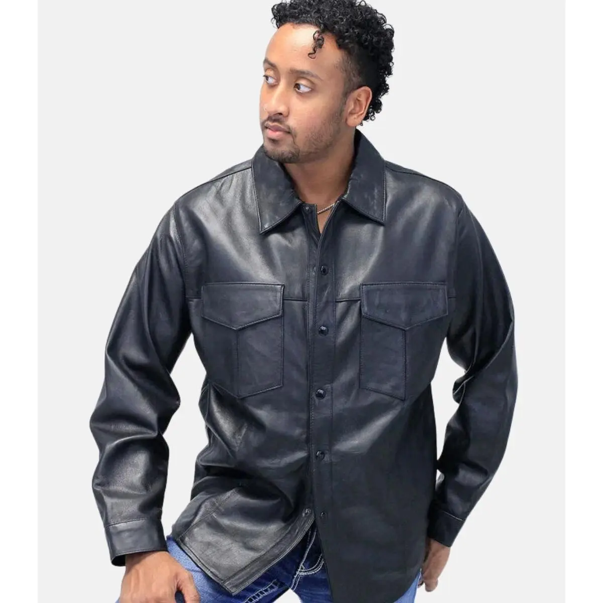 Men's Classic Black Stylish Leather Shirt with Front Ample Pockets