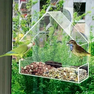 Acrylic Bird Feeder with Viewing Window, Transparent House-Shaped Seed Tray, for Attracting Birds, Bird Feeding Station, with Suction Cups for Secure Mounting