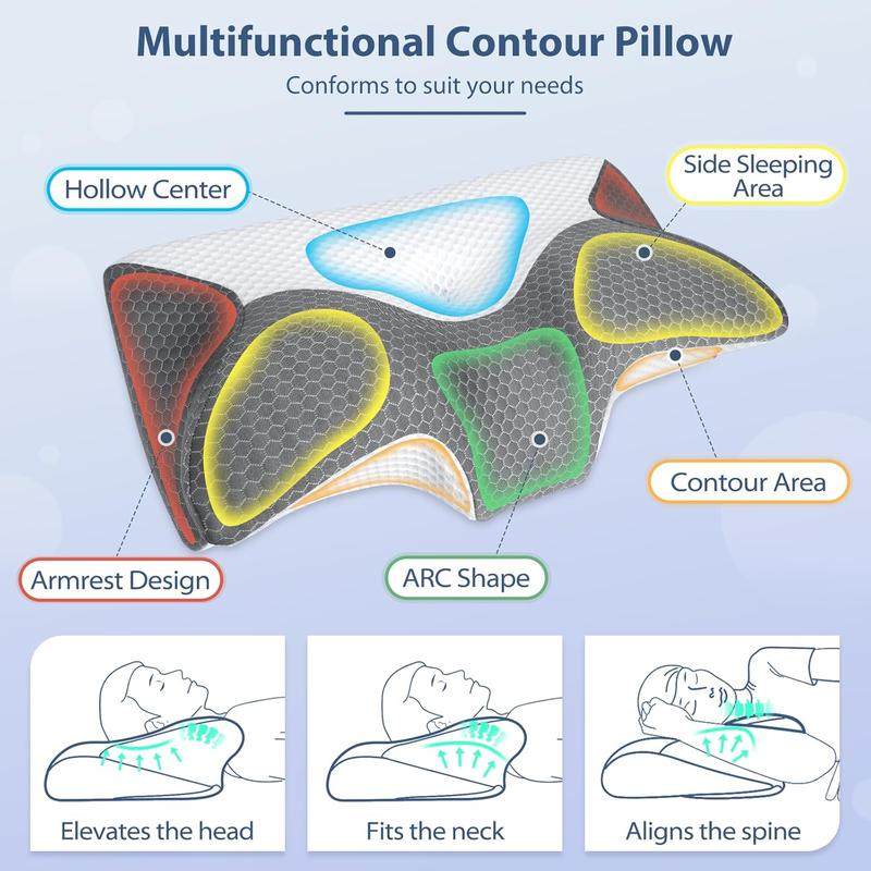 Cervical Pillow, Ergonomic Pillow for Neck and Shoulder Pain Relief with Cooling Ice Silk Pillowcase, Orthopedic Neck Bed Pillow for Side, Back and Stomach Sleepers