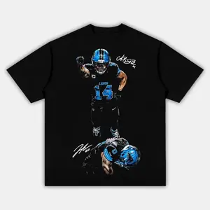 Black-Base Blue-Accented Sports Graphic T-Shirt - Casual Streetwear American Football Themed Short-Sleeve Top
