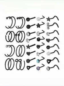 40pcs Black Stainless Steel Nose Ring Set Inlaid Shiny Zirconia Punk Style Nose Body Piercing Jewelry Set Halloween Decoration Nose Piercings Kit