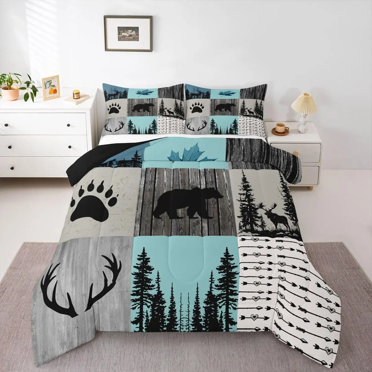 Western Rustic Bear Comforter Set Country Farmhouse Bedding Set Rustic Cabin Deer Duvet Quilt Animal Wildlife Hunting Bedroom Decor