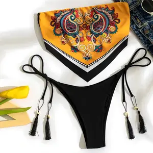 Sexy Women's Split Fashion Bib Backless Beach Bikinis Set Heart-shaped Bellyband Ethnic Retro Swimsuit Summer Beachwear Biquinis