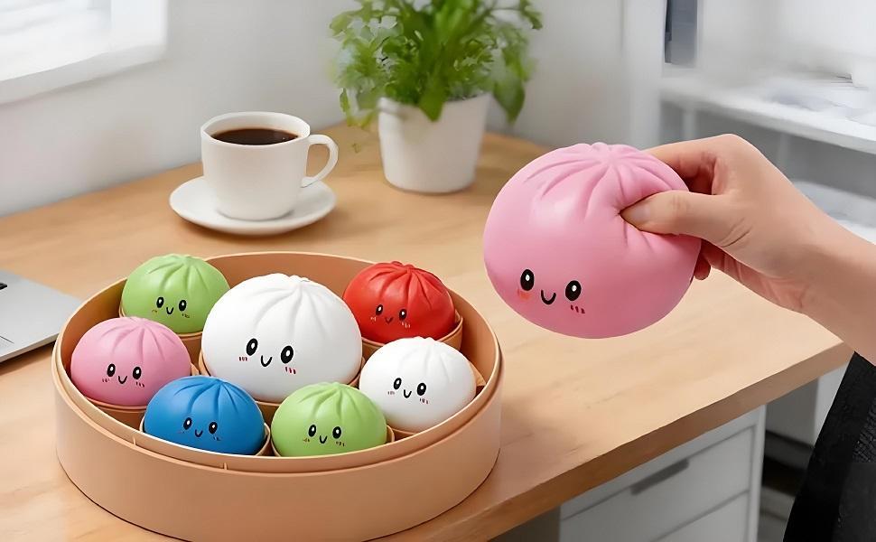 Dumpling Squishies, Glitter Dumpling Mystery Box, Colorful Dumplings Stress Balls Fidget Sensory Toy, Stocking Stuffers with Food Steamer Stretchy Desk Toys