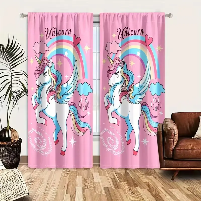Cute Unicorn Curtains Set of 2, Watercolor Animal Blue Half-Transparent Privacy Protection, Bedroom Living Room Decor, Home Decoration Curtain