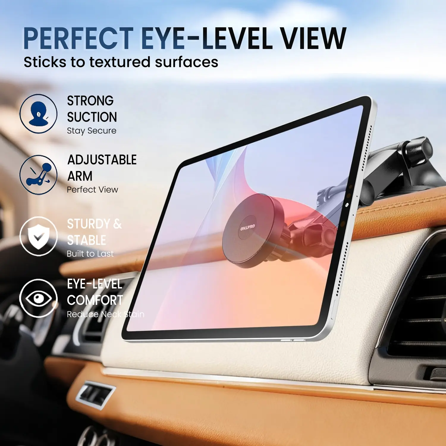 Magnetic Car Tablet Holder with Adjustable Suction-Cup Mount, Extendable Arm & 360° Rotation, Washable Rubber Base for Dashboard, Windshield, Fits iPad, MagSafe-Compatible iPhones, Ideal for Driving, Dashboard Mounting, Car Interior Accessory
