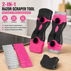 2-in-1 Dual-Ended Pink Razor Blade Scraper Tool with Replaceable Ends, Stainless Steel & Plastic Heads, Non-Slip Ergonomic Handle, 20 Blades Set for Residue Removal on Glass Surfaces (Glass Cooktops, Oven Doors)