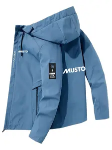 Men's Light Blue Musto Hooded Jacket, Adjustable Hood Windproof, Zip Pocket, Polyester Lining, Casual Streetwear, Spring & Fall
