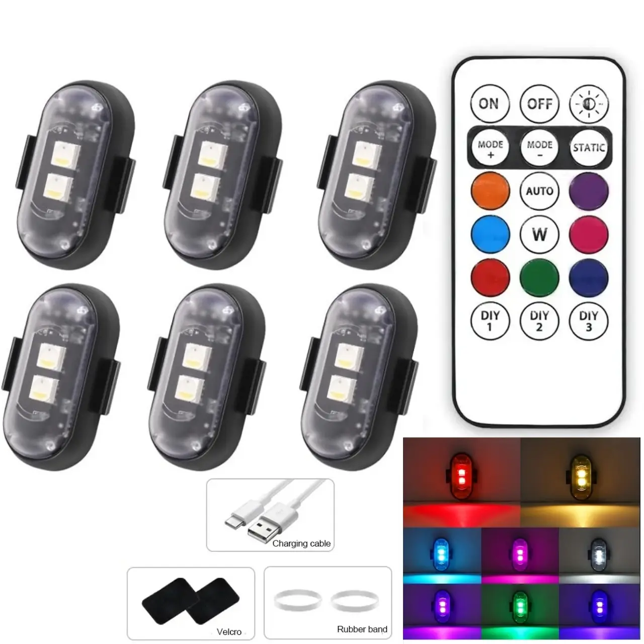 6PCS Wireless LED Strobe Decorative Lights with Remote - RGB 8 Colors, 10 Modes, USB Rechargeable, Waterproof Anti-Collision Truck Accessories for Car, Motorcycle, Drone, Semi Truck Lighting, Multifunctional Warning Lamp Gift, Semi Truck Accessories
