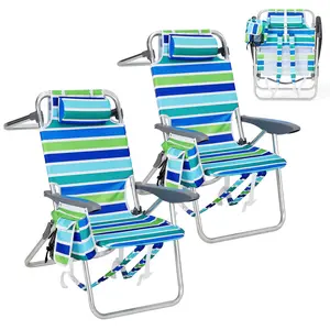 2 PCS Backpack Tall Beach Chair – Reclining Heavy-Duty Folding Chair with Adjustable Backrest, Built-in Cooler & Backpack Straps for Travel, Camping, and Beach