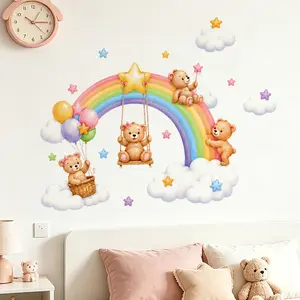 Pastel Rainbow & Teddy Bear Swing Wall Decals, Removable Vinyl Wall Stickers for Baby Nursery, Kids Bedroom & Classroom Decor