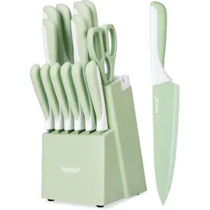 15 Pieces Knife Set with-in Sharpening Wooden Block, Dishwasher Safe, High Carbon Stainless Knife Block Set with,, Green