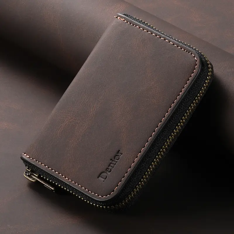 Denior |  RFID-Blocking Zipper Wallet with Multiple Card Slots | Faux Leather | Strong Magnetic Attachment to Phone | Secure ID & Credit Card Holder | Sleek Brown Design | Perfect Gift for Men on Valentine's, Father's Day & More, Card Holder Wallet