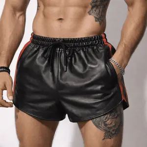 Men Black Real Leather Shorts w/ Elastic Band high fashion streetwear, clubwear, biker fashion for men and women