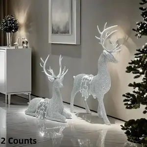 Art Deco Style Deer Statue with Silver Glitter Decoration, Chip Craft Sculpture for Holiday Decor, Home Study Living Room Ornament