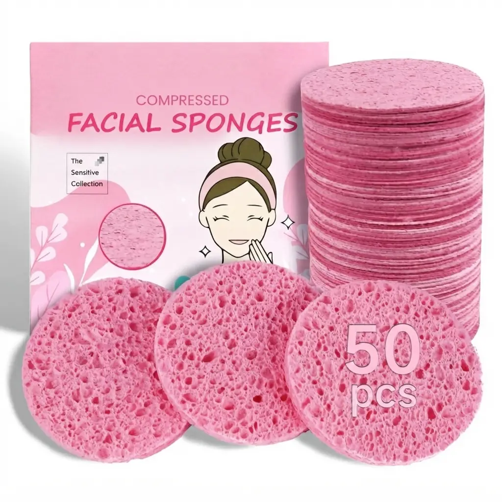 50-Count Compressed Facial sponges for Daily Facial Cleaning,Pink | 100% Natural Cellulose Cosmetic Spa Sponges for Makeup Mask Removal|Exfoliating|Skin Massage|Pore Exfoliation