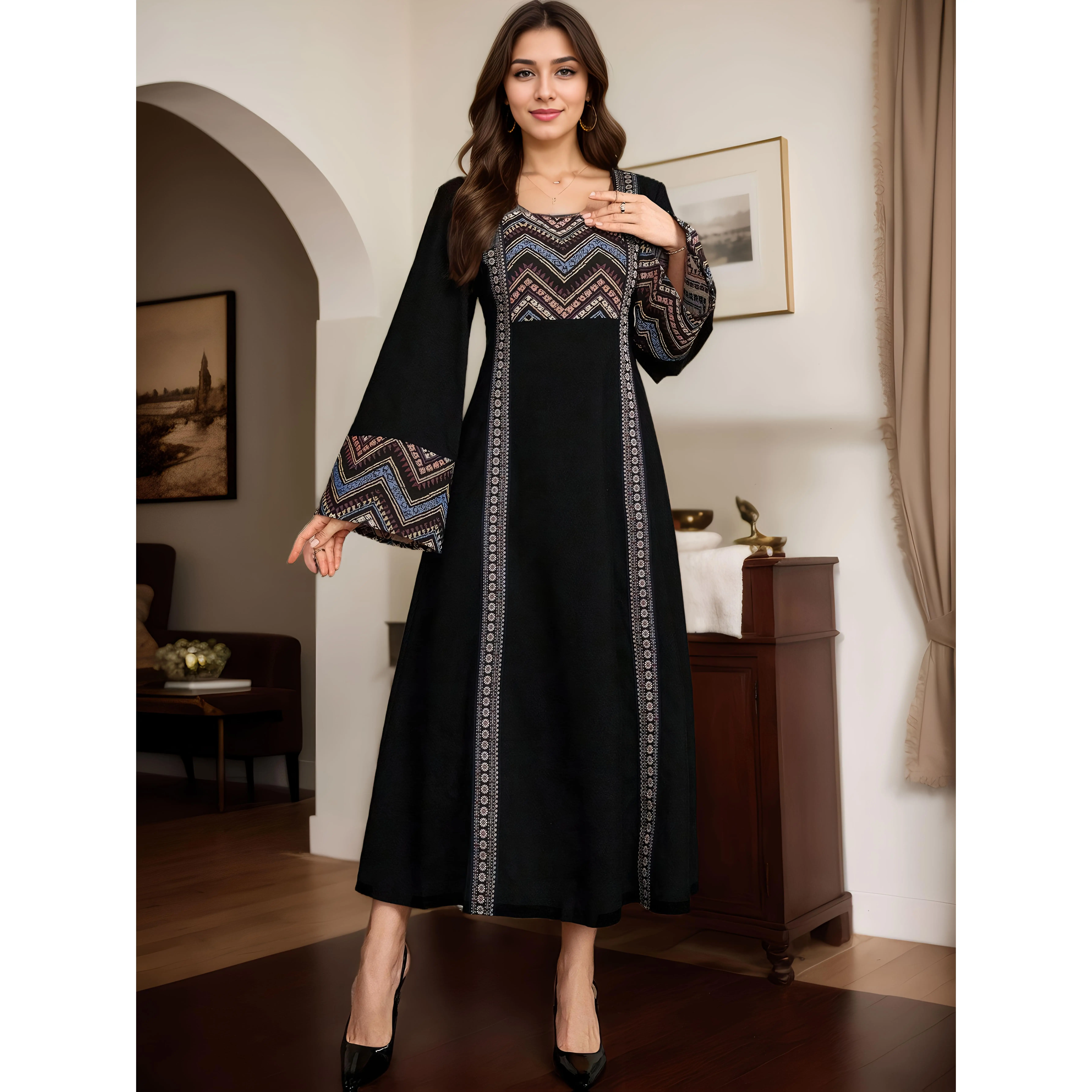 [Elegant Abaya] Traditional Elegant Long Lantern Sleeve Striped Patchwork Abaya |   Machine Washable and Dryable |   Suitable for Parties and Home Wear