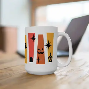 Halloween Atomic Cat Retro Midcentury Modern 15oz Ceramic Coffee Mug