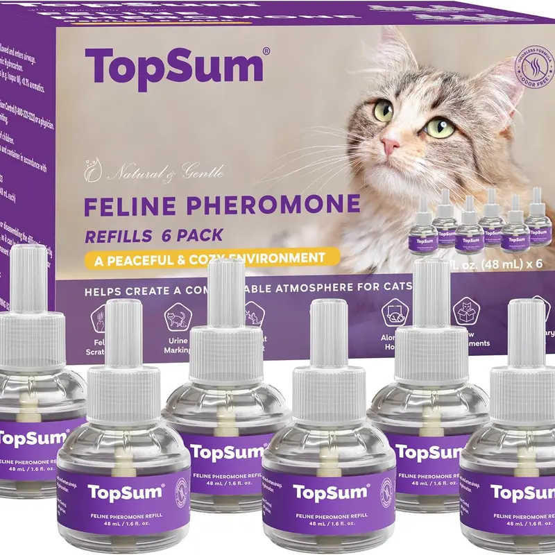 TopSum Cat Calming Pheromone Diffuser Refills, 6-Pack Ease Liquid Freshener Scent, 6m Supply, Home Fragrance, Feline Stress Relief, Purple, Compatible with Most Diffusers, Peaceful Cozy Environment