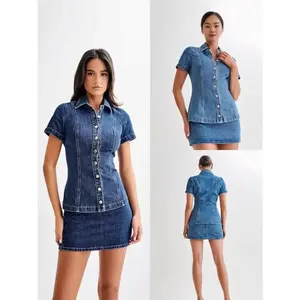 Women's Short Sleeve Denim Button Collar Top High Waist Skirt Set