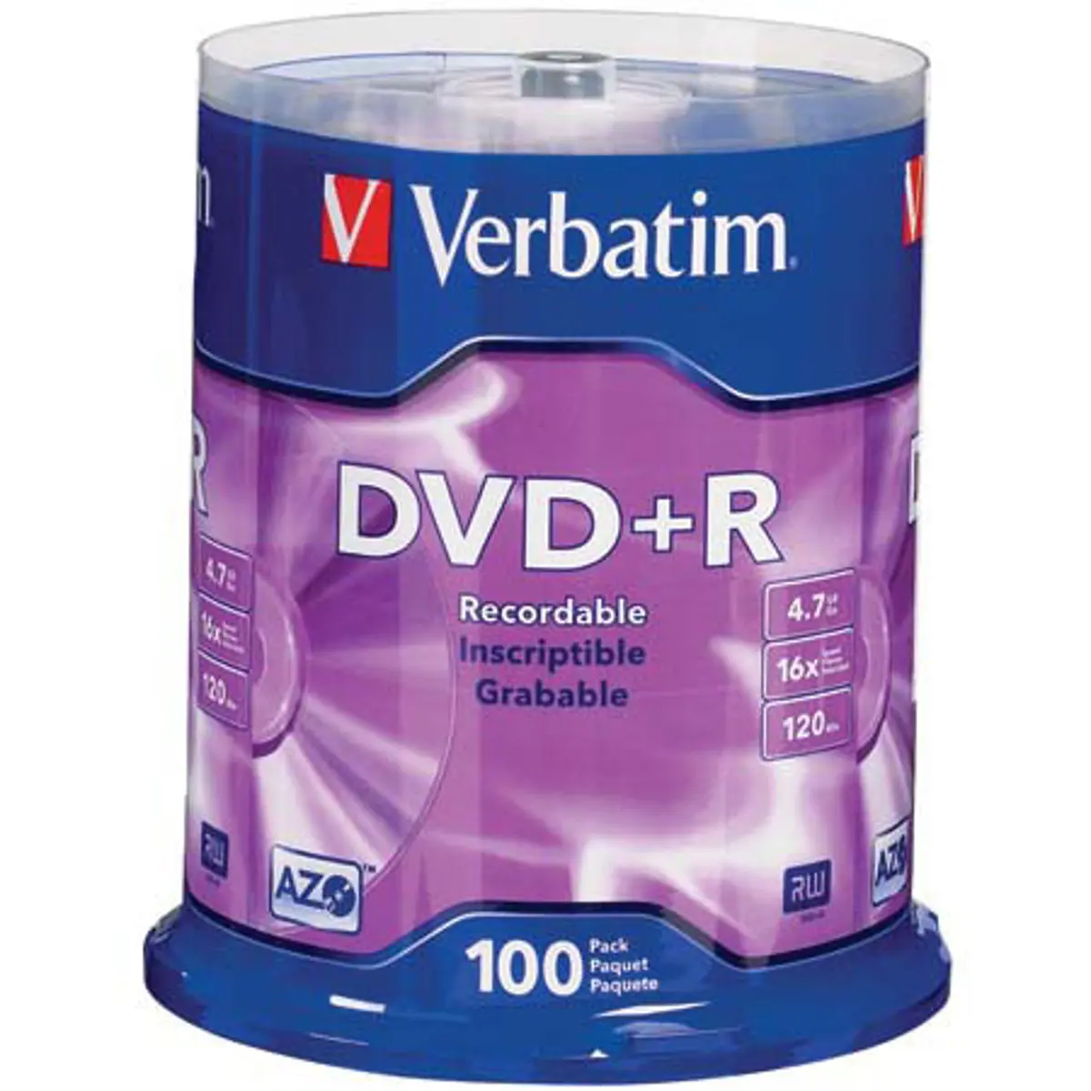 Verbatim DVD+R Recordable Media, 4.7 GB, 16x Branded Surface, 100 Pack on Spindle