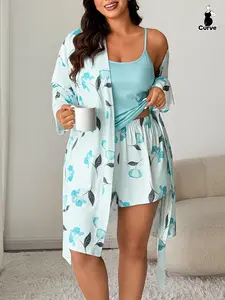Women's Plus Size Sleepwear Set, Floral Print Tank Top Shorts + Printed Belted Robe, Soft Home Wear, Casual Spring & Fall, Loungewear Pajama