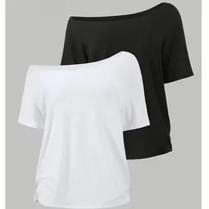 Set of Two Versatile Casual Off-Shoulder Short-Sleeve T-Shirts for Women - Solid Color Loose Fit Top, Breathable And Comfortable for Everyday Wear in Spring And Summer