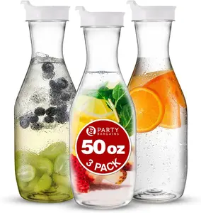 Party Bargains 50 oz. Plastic Carafe with Lids - Clear, 3 Count, White Flip Tab Lid Premium Quality & Heavy Duty Plastic Pitcher for Iced Tea, Juice, Cold Beverages, Mimosa Bar Drinkware Jugs Drink Serving Stylish Set