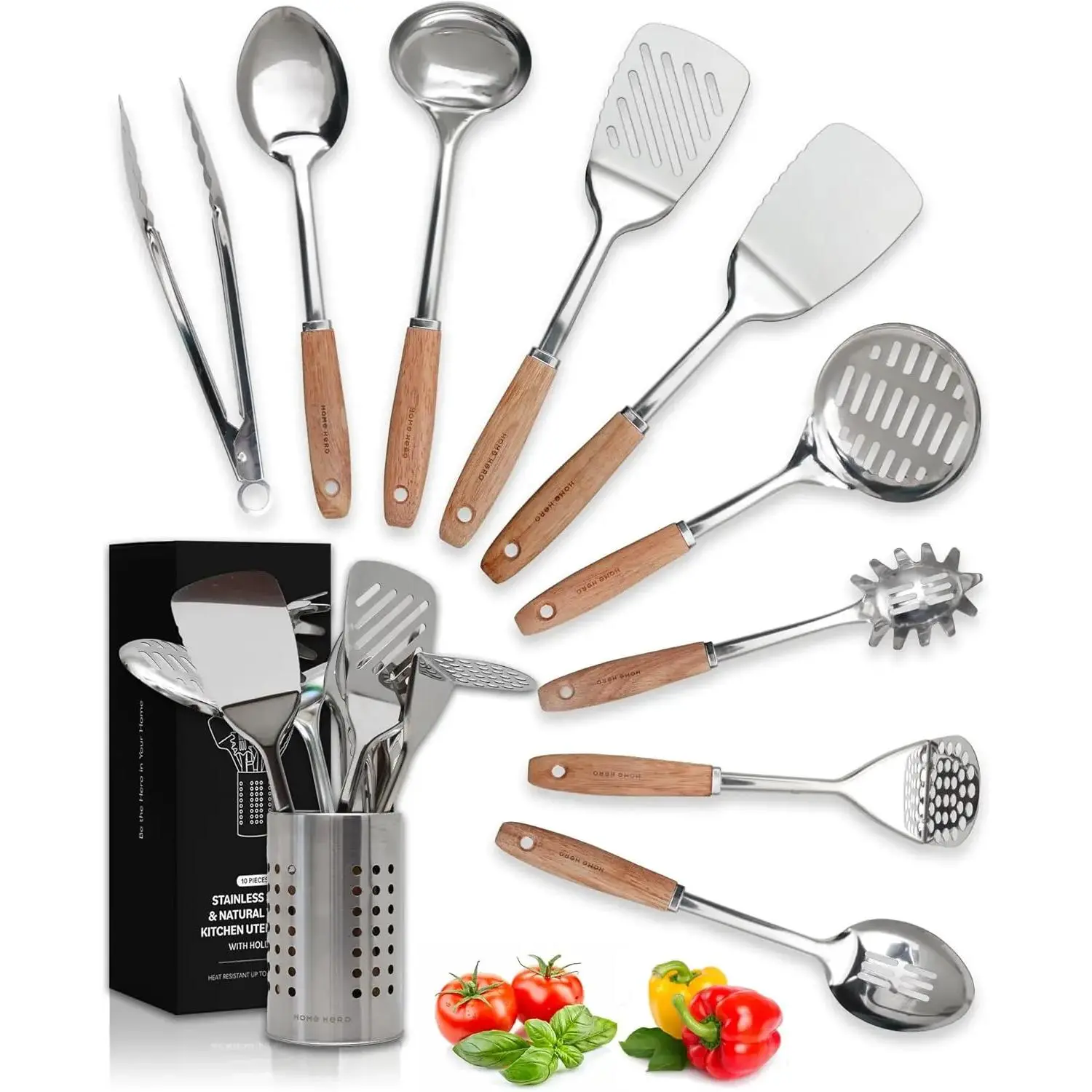 Home Hero Stainless Steel Utensils Set - Wood Handle Nonstick Stainless Steel Cooking Utensils Set - Heat Resistant Essentials & Metal Gadgets (Silver & Wood)