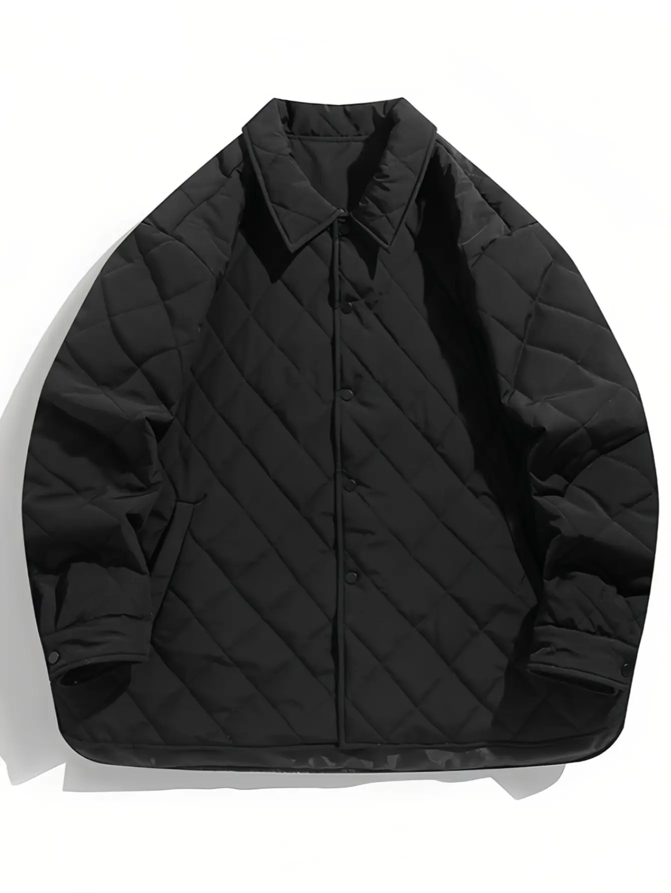 Men’s lightweight quilted jacket with a diamond pattern and turn-down collar, casual loose-fit thick outerwear for autumn and winter, available in multiple colors.