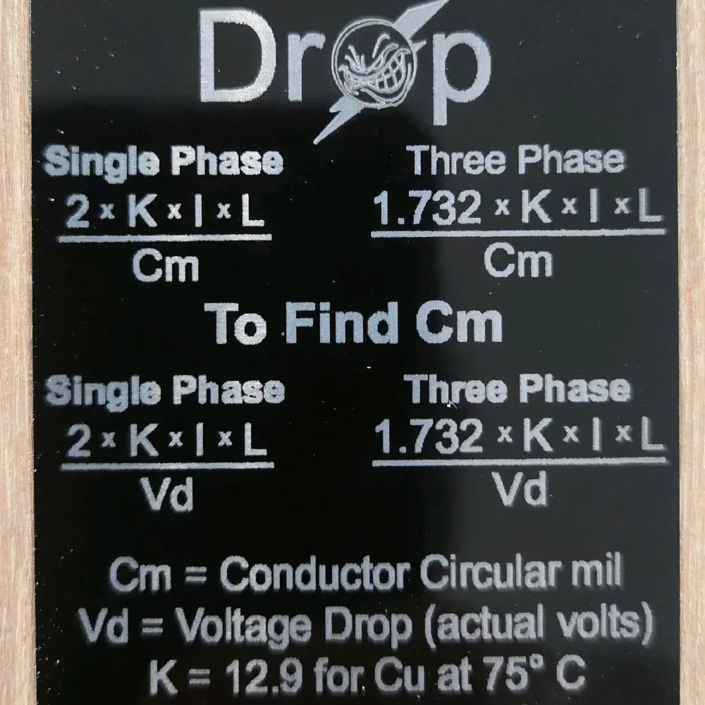 Voltage Drop Aluminum Cheat Sheet Card