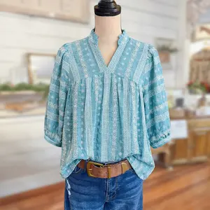 SageVell 100% Cotton Embroidered Shirt - Mist Blue with White Floral Eyelet, 3/4 Puff Sleeves, V-Neck, Spring Top for Women