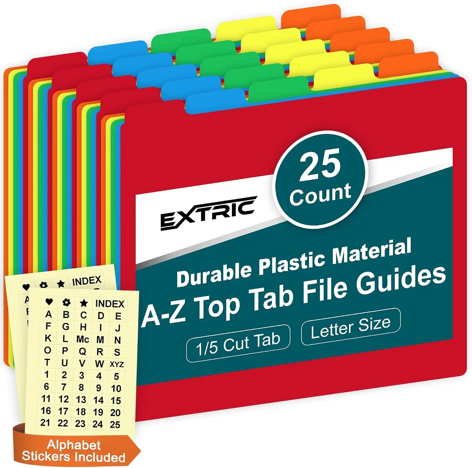 Alphabetical File Organizer 25 File Cabinet Dividers A-Z Plastic 5 Colors | A-Z Dividers with Tabs for File Cabinets, 25 Heavyweight Alphabetical Dividers 5 Assorted Colors, 1/5 Cut Tab Letter Size
