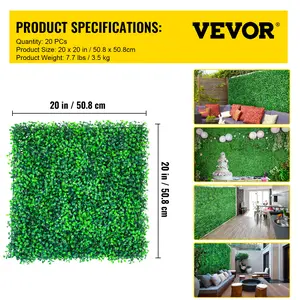 VEVOR Artificial Boxwood Panels, 20 PCS 20\"x20\" Boxwood Hedge Wall Panels, PE Artificial Grass Backdrop Wall 1.6\", Privacy Hedge Screen for Decoration of Outdoor, Indoor, Garden, Fence, and Backyar