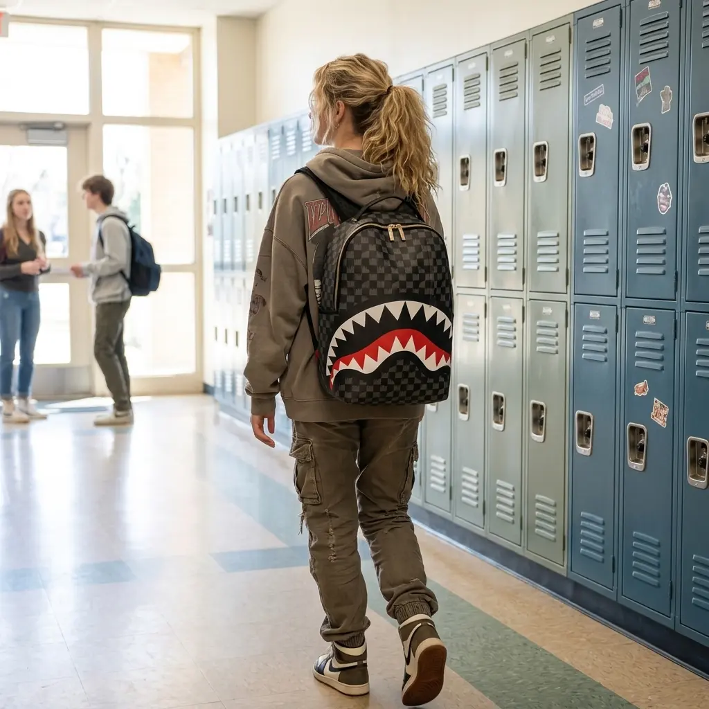 Atomic Vapor Shark Backpack Grey Checkered Drip Shark Mouth Graphic School Bookbag Water Resistant Streetwear Laptop Bag, Trendy Graphic Backpack, Cool Shark Design Backpack, Large Capacity Student Backpack, Casual Travel Daypack, Back to School Supplies