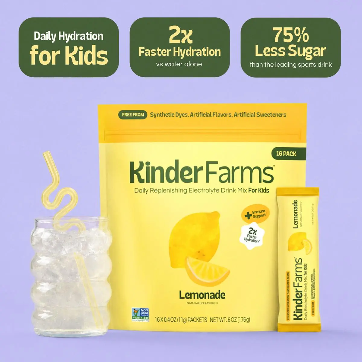 KinderFarms - Electrolyte Powder Drink Mix for Kids & Adults, Lemonade (16 Count) – Rapid Hydration, Immune Support, Low Sugar, No Artificial Dyes, Clean Ingredients,  Daily Electrolytes, Hydration Packets