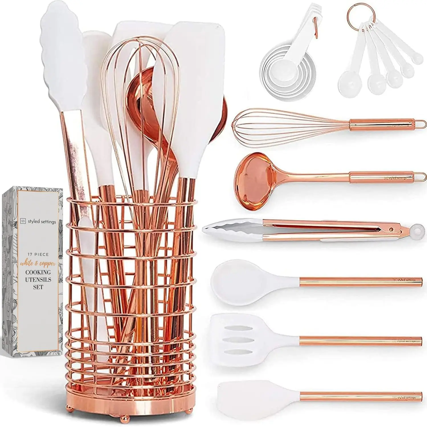White Silicone and Copper Kitchen Utensils Set with Holder - 17-Piece Rose Gold Cooking Tools for Nonstick Cookware, with Measuring Cups, Spoons, & Utensil Holder - Stylish Copper Kitchen Accessories STYLED SETTINGS