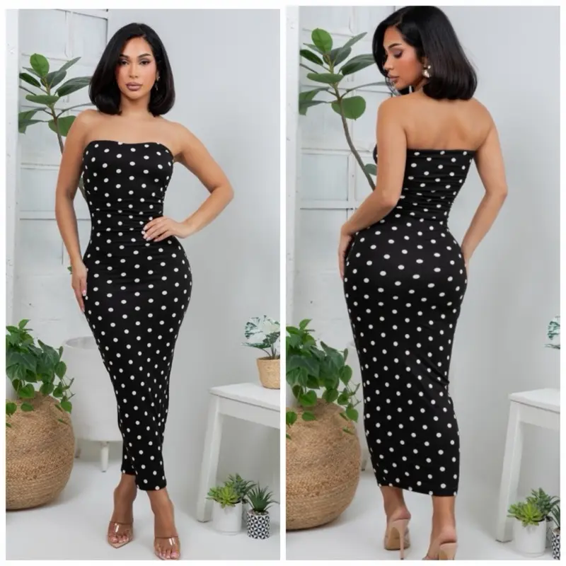 Midnight Polka Bandeau Maxi Dress - Strapless Black with White Polka Dots, Chic Maxi Length, Form-Fitting, Timeless Look